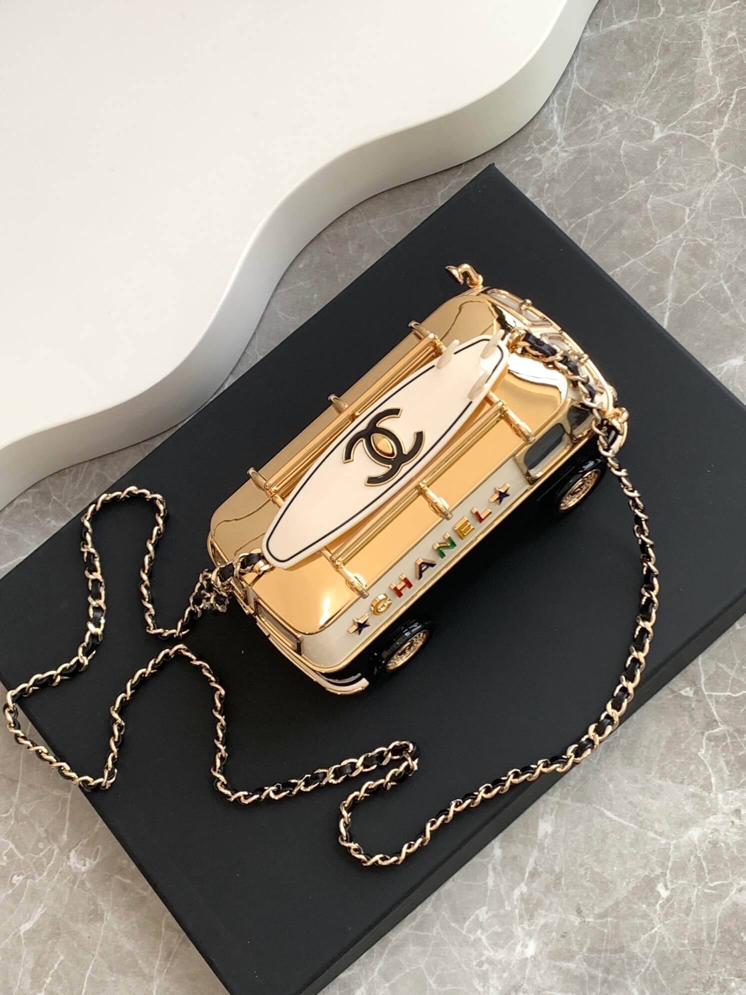 Chanel Mini Van Minaudiere Shoulder Crossbody Bag Black/White/Gold - Image 5