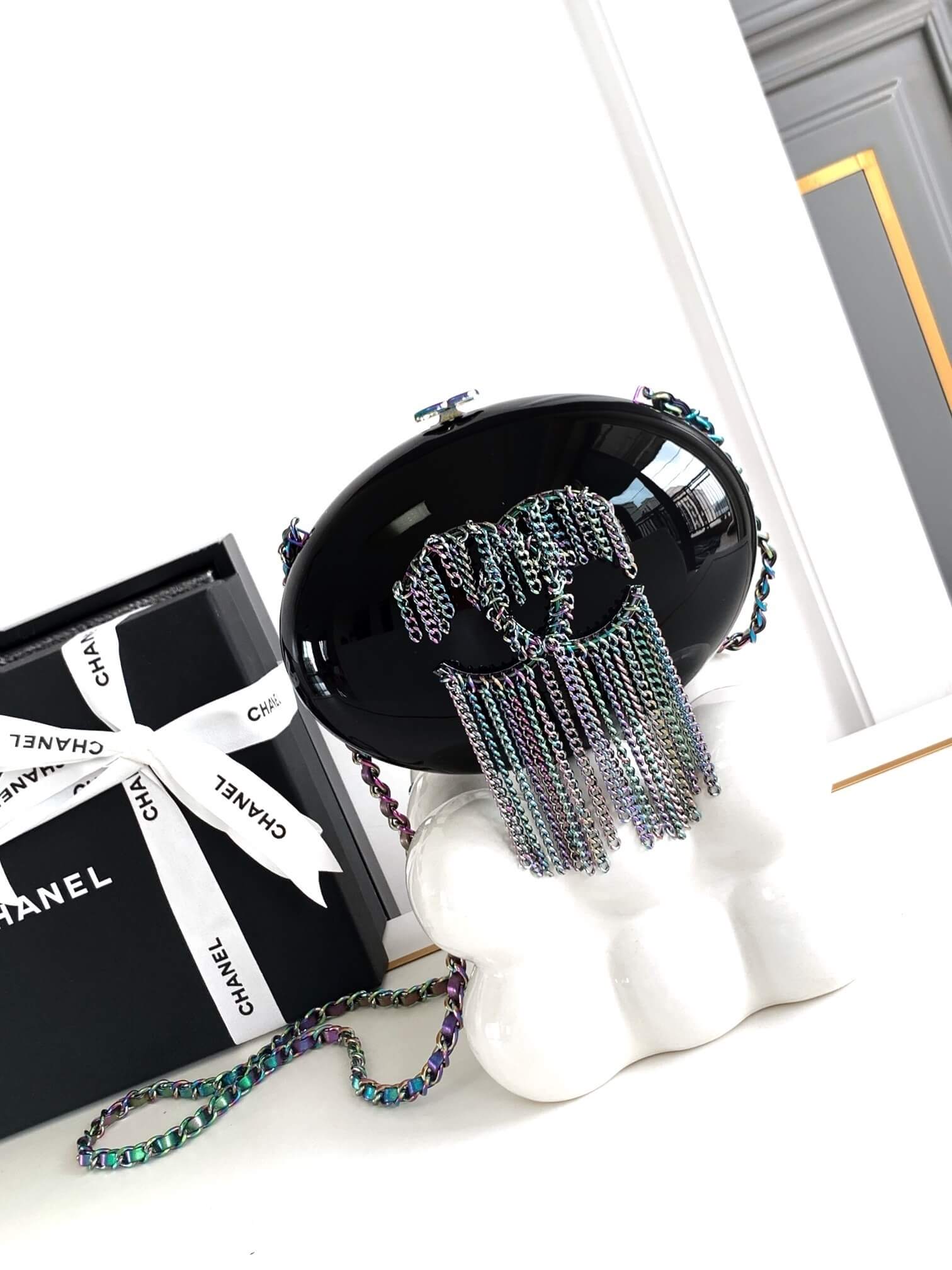 Chanel Oval Clutch with Iridescent Chain Shoulder Crossbody Bag Black - Image 9