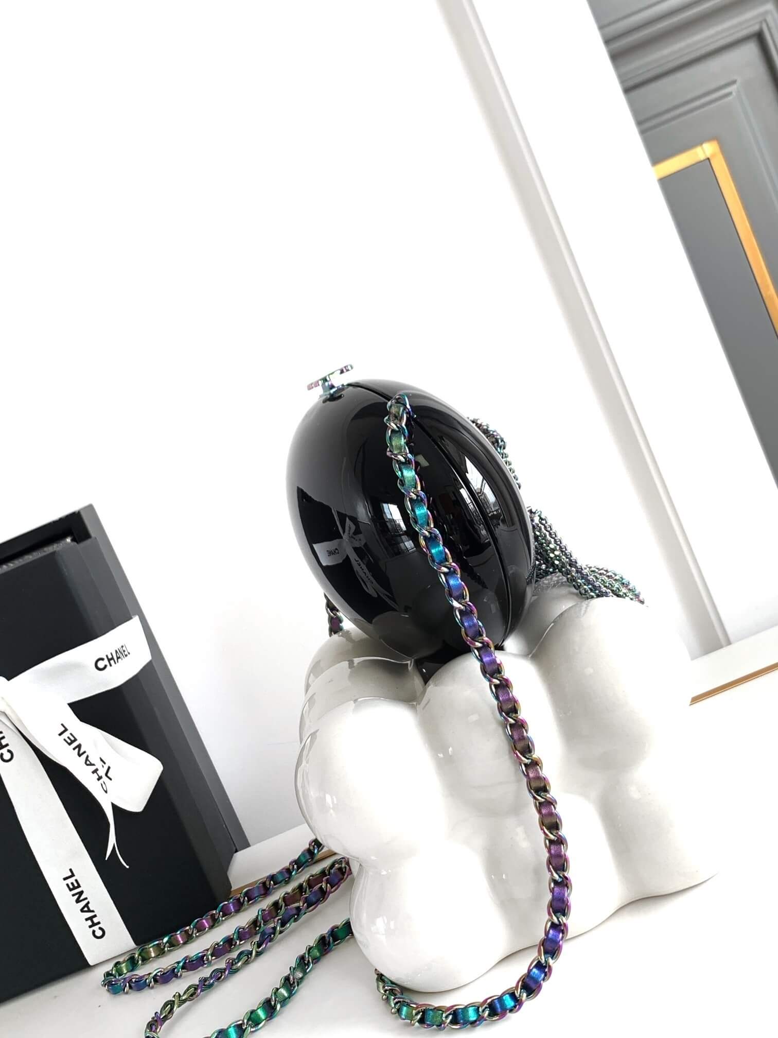 Chanel Oval Clutch with Iridescent Chain Shoulder Crossbody Bag Black - Image 8