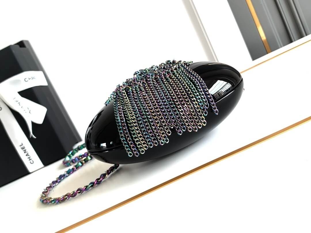 Chanel Oval Clutch with Iridescent Chain Shoulder Crossbody Bag Black