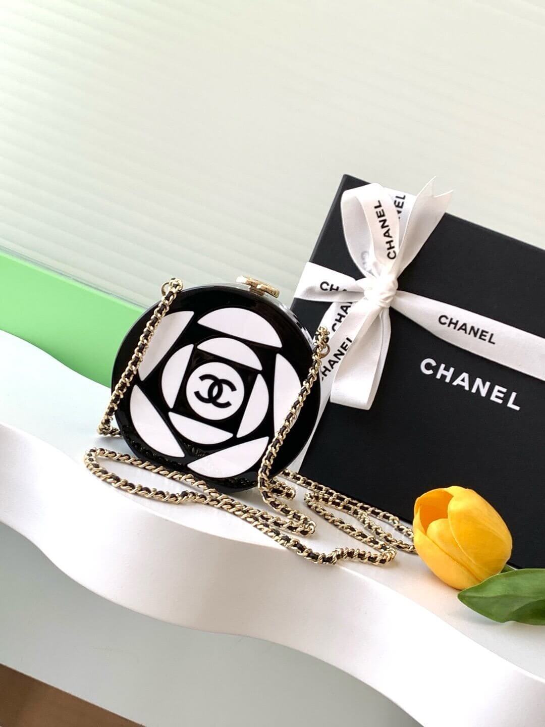 Chanel Resin Plexi CC Round Camellia Minaudiere Clutch Shoulder Crossbody Bag Black/White