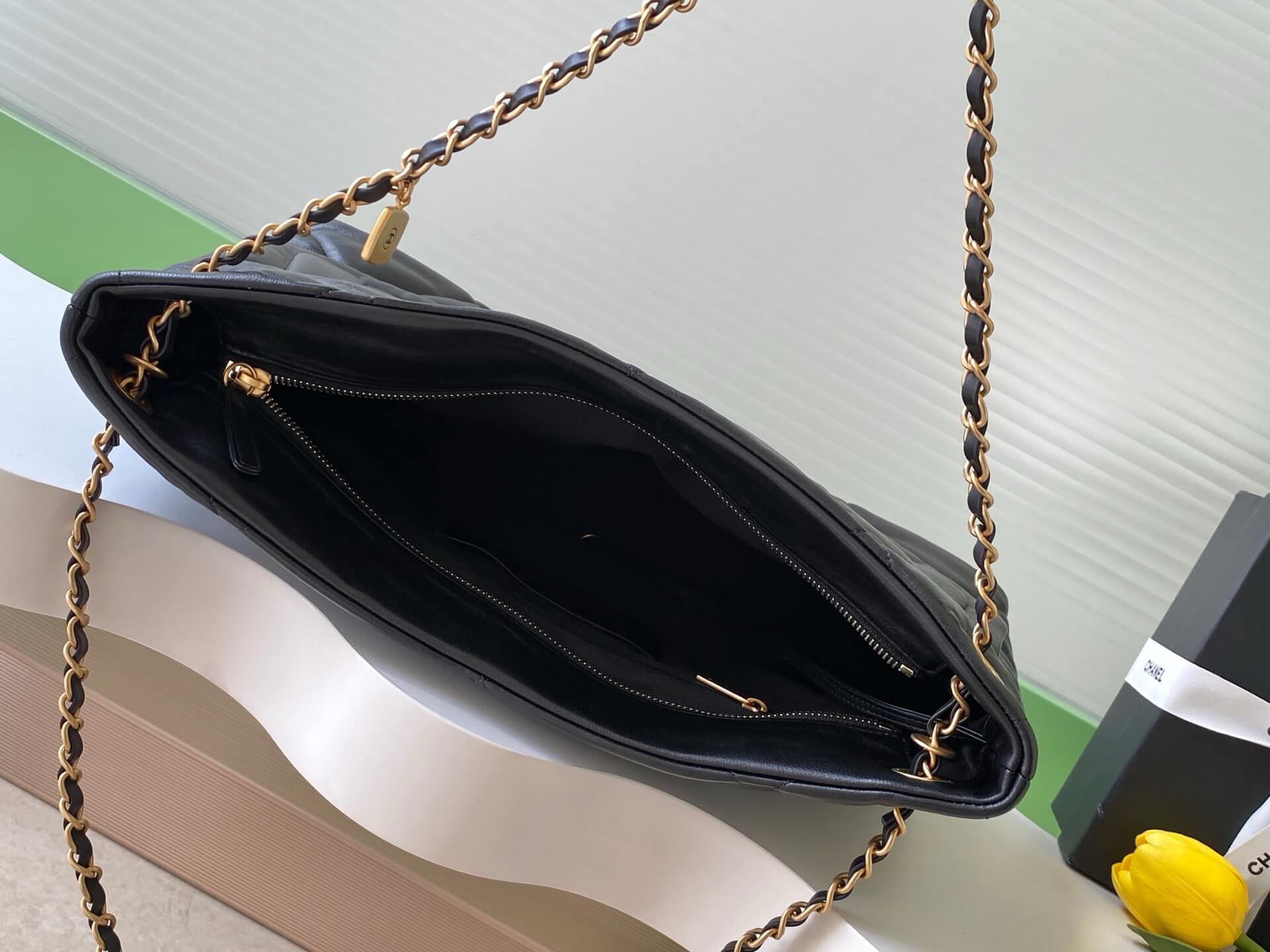 Chanel Shopping Bag Shiny Lambskin & Gold-Tone Metal Shoulder Crossbody Bag Black - Image 3