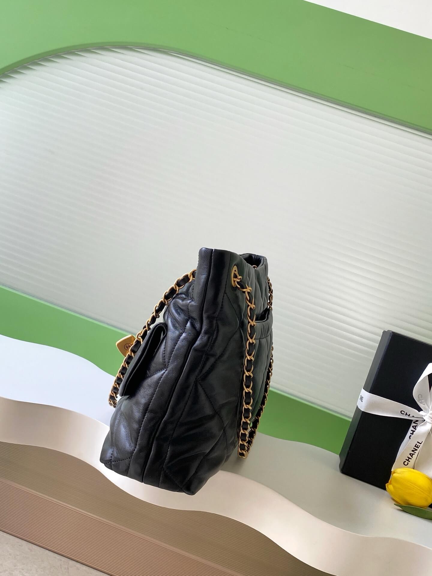 Chanel Shopping Bag Shiny Lambskin & Gold-Tone Metal Shoulder Crossbody Bag Black - Image 8