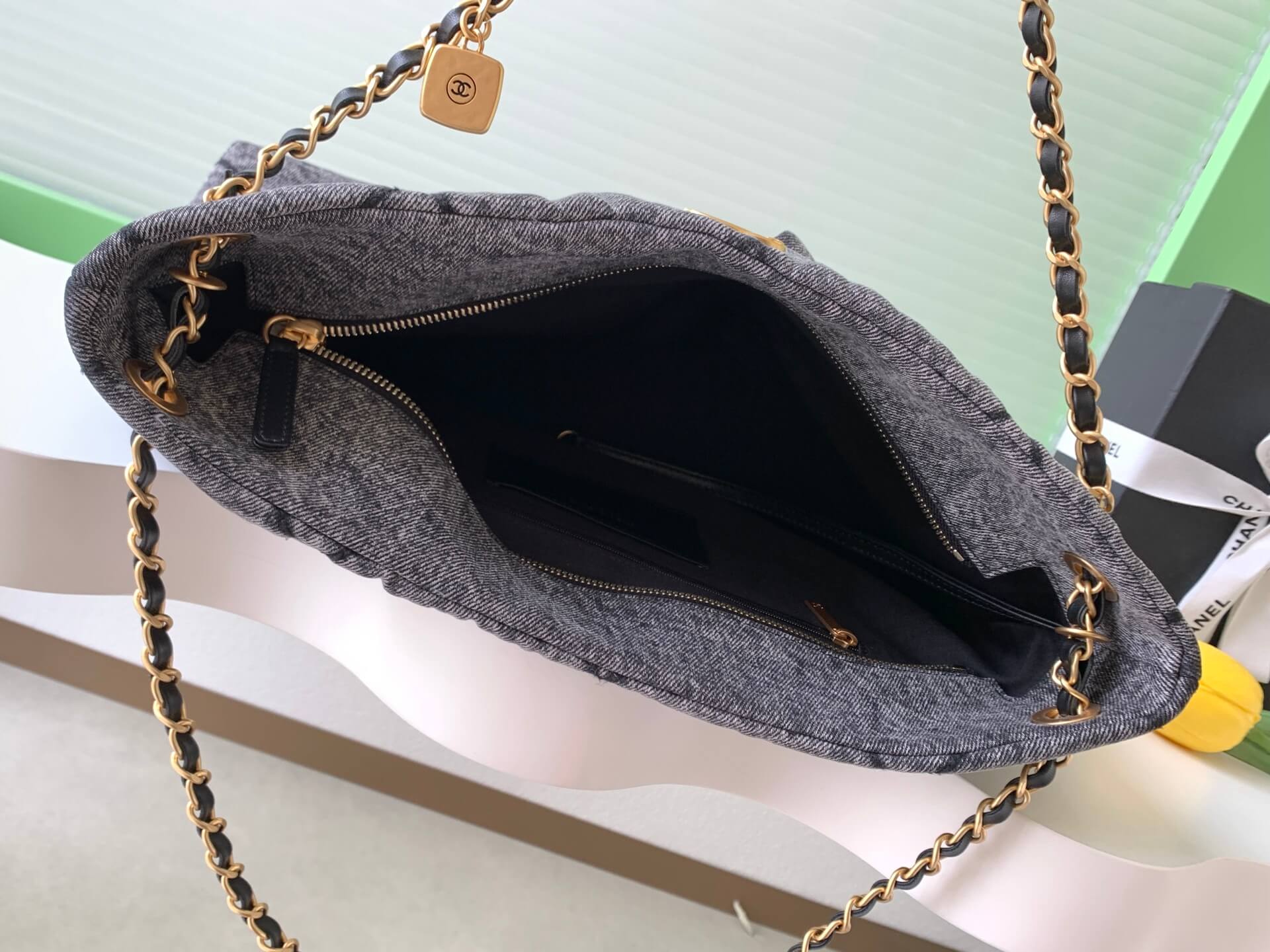 Chanel Shopping Bag Washed Denim & Gold-Tone Metal Shoulder Crossbody Blue - Black - Image 12