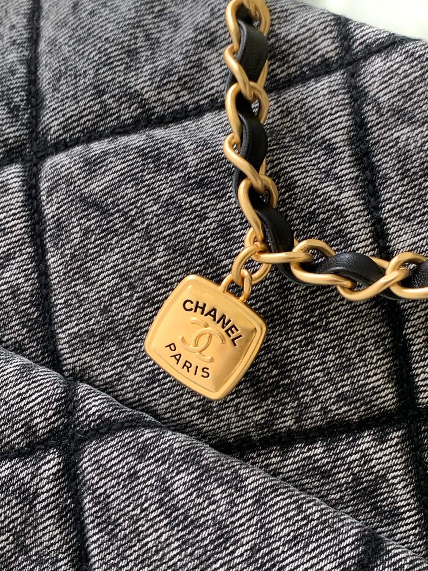 Chanel Shopping Bag Washed Denim & Gold-Tone Metal Shoulder Crossbody Blue - Black - Image 16