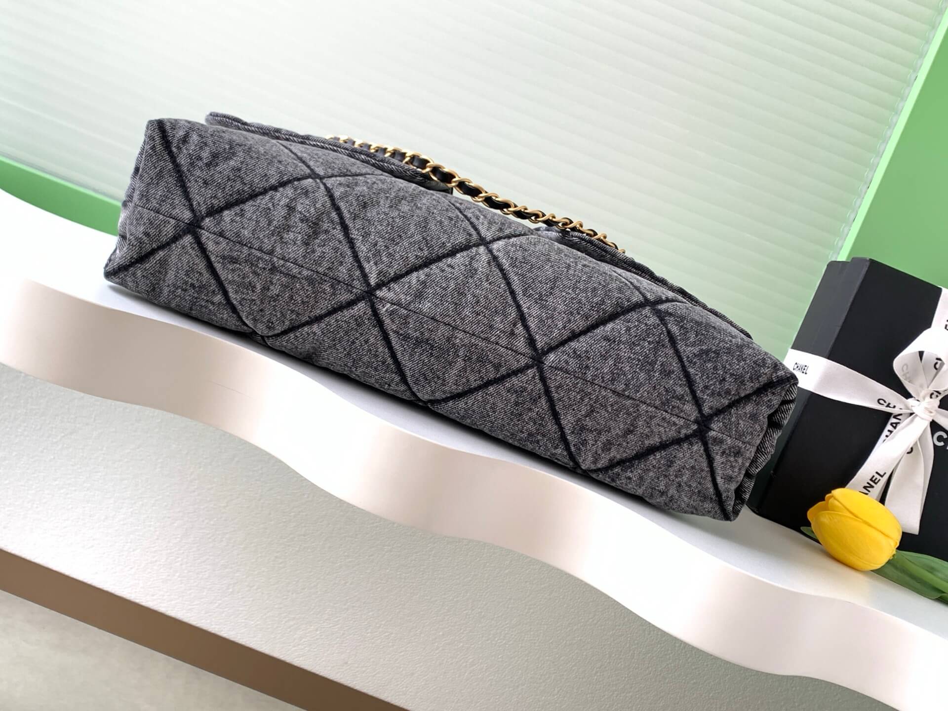 Chanel Shopping Bag Washed Denim & Gold-Tone Metal Shoulder Crossbody Blue - Black - Image 18