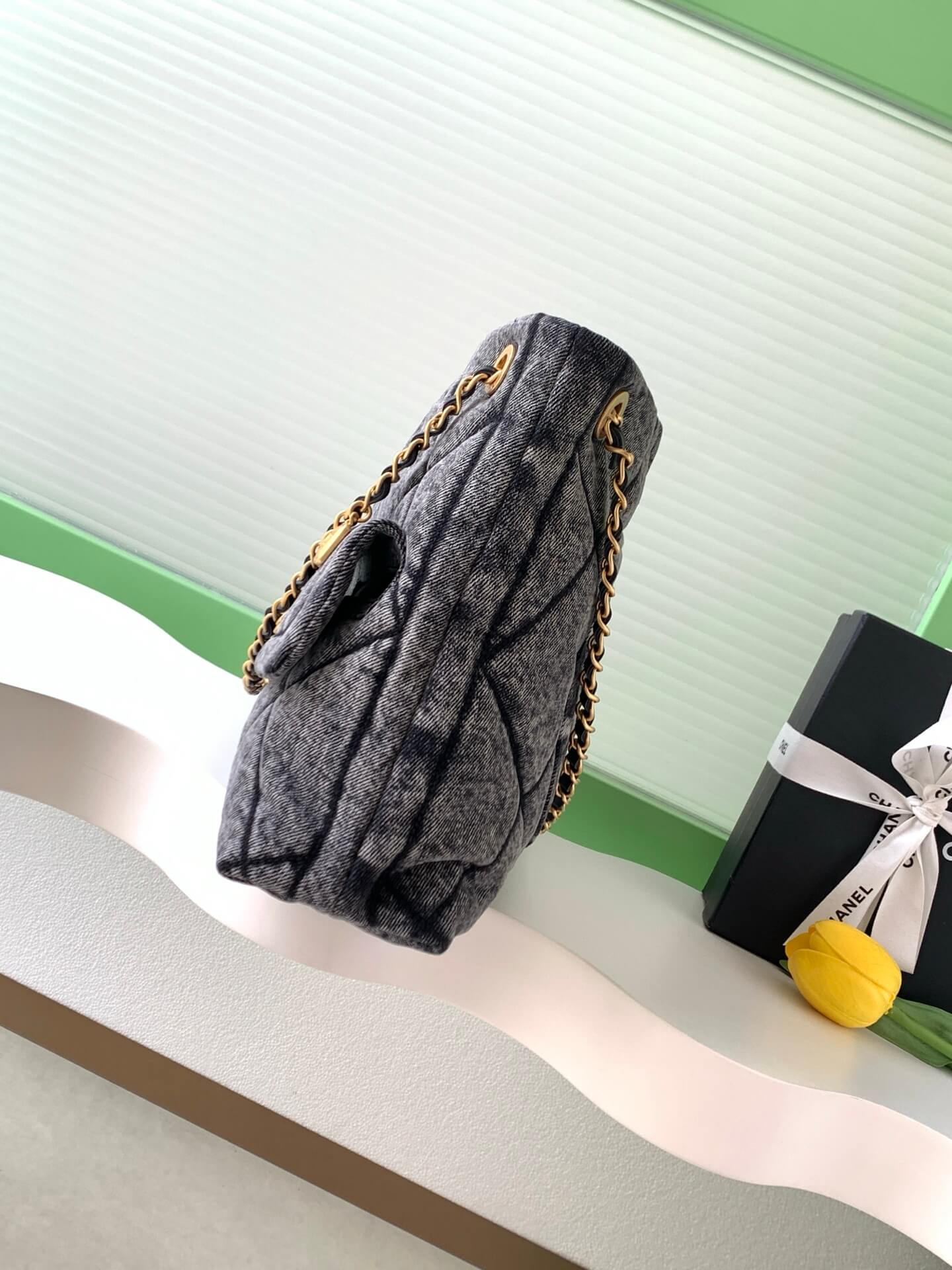 Chanel Shopping Bag Washed Denim & Gold-Tone Metal Shoulder Crossbody Blue - Black - Image 17