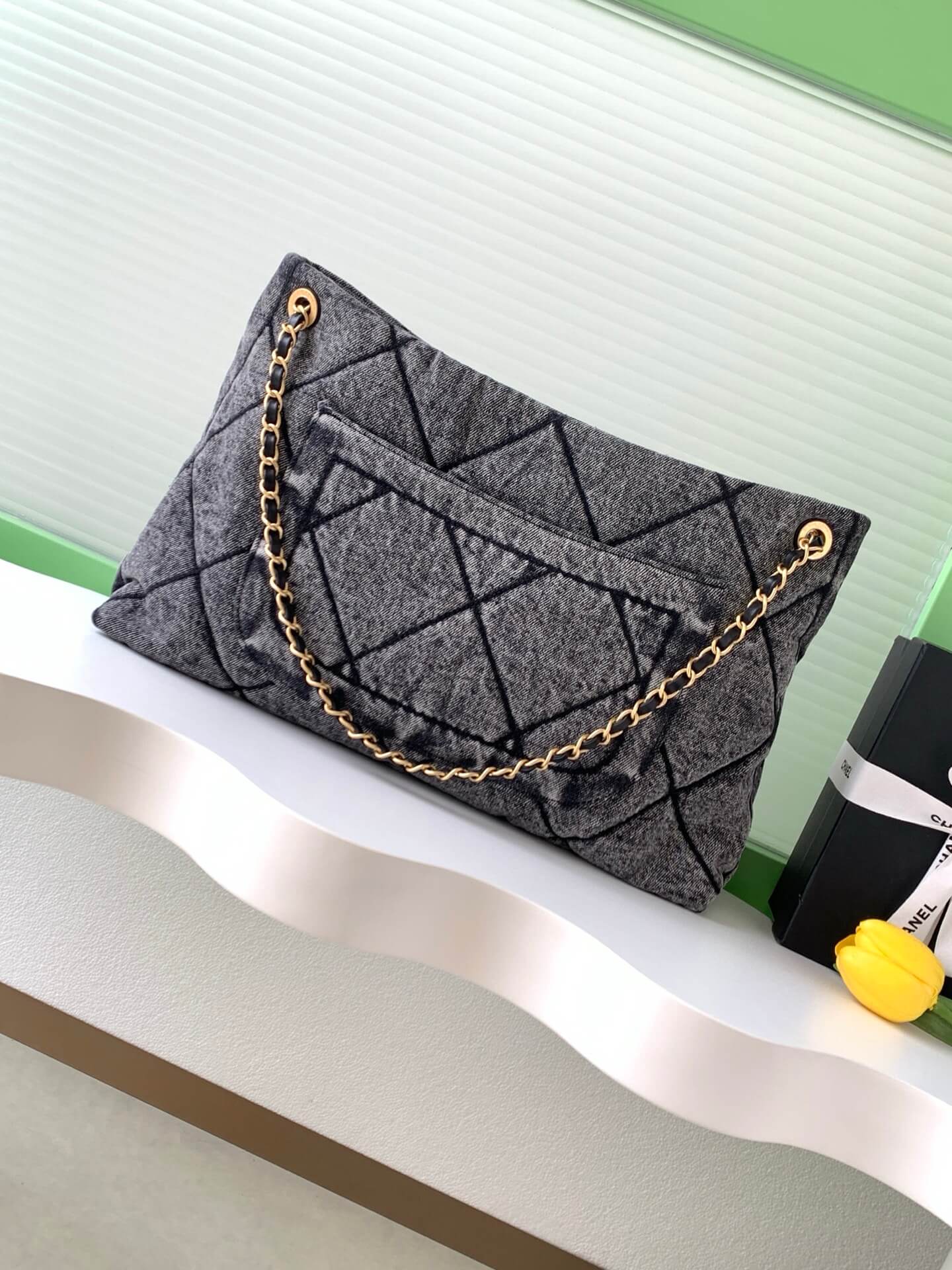 Chanel Shopping Bag Washed Denim & Gold-Tone Metal Shoulder Crossbody Blue - Black - Image 11