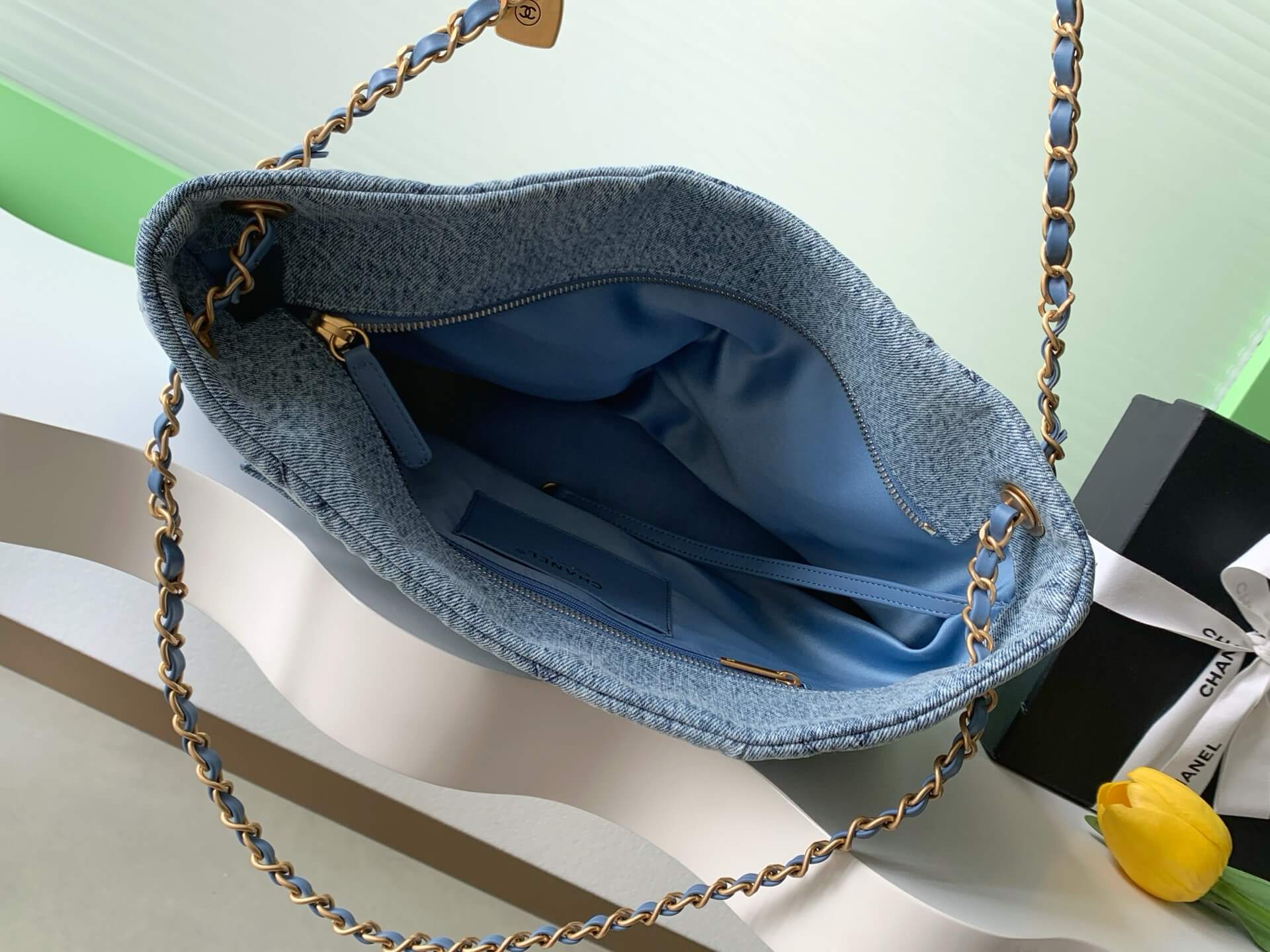 Chanel Shopping Bag Washed Denim & Gold-Tone Metal Shoulder Crossbody Blue - Black - Image 3