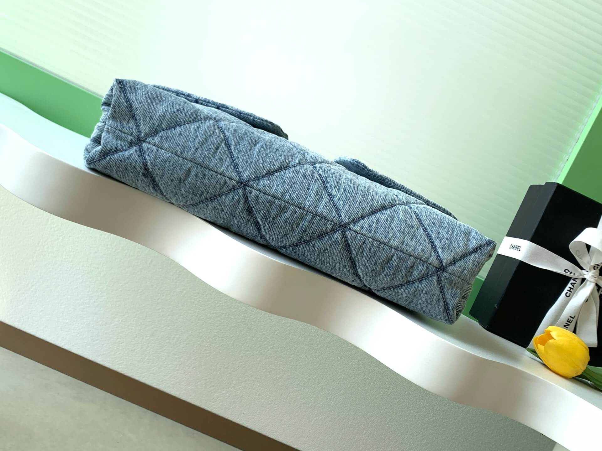 Chanel Shopping Bag Washed Denim & Gold-Tone Metal Shoulder Crossbody Blue - Black - Image 9