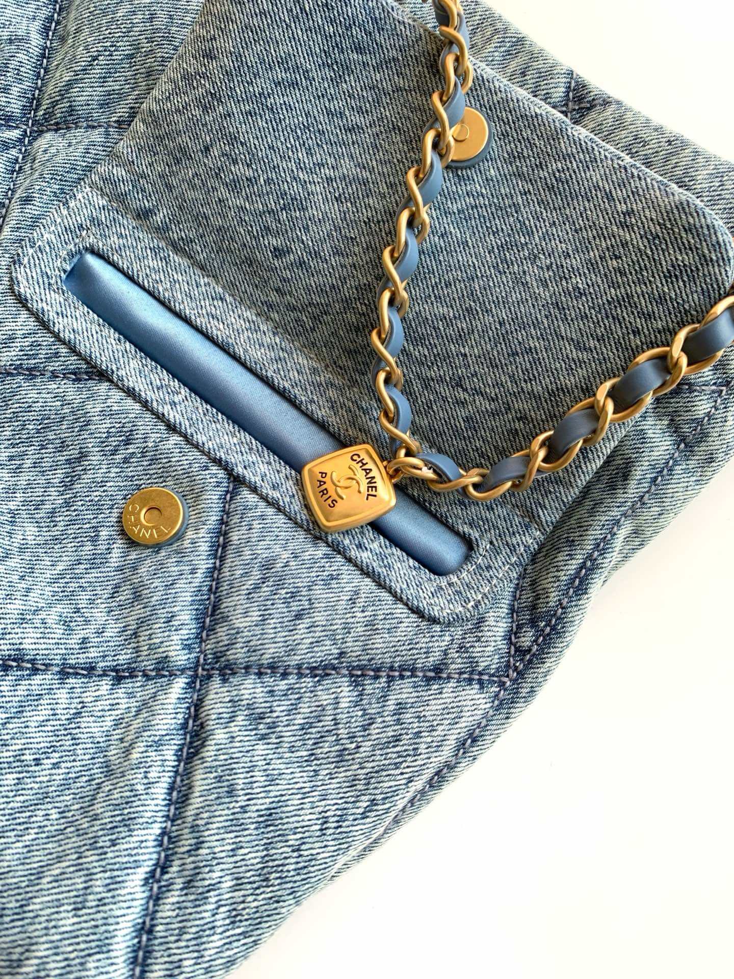 Chanel Shopping Bag Washed Denim & Gold-Tone Metal Shoulder Crossbody Blue - Black - Image 6