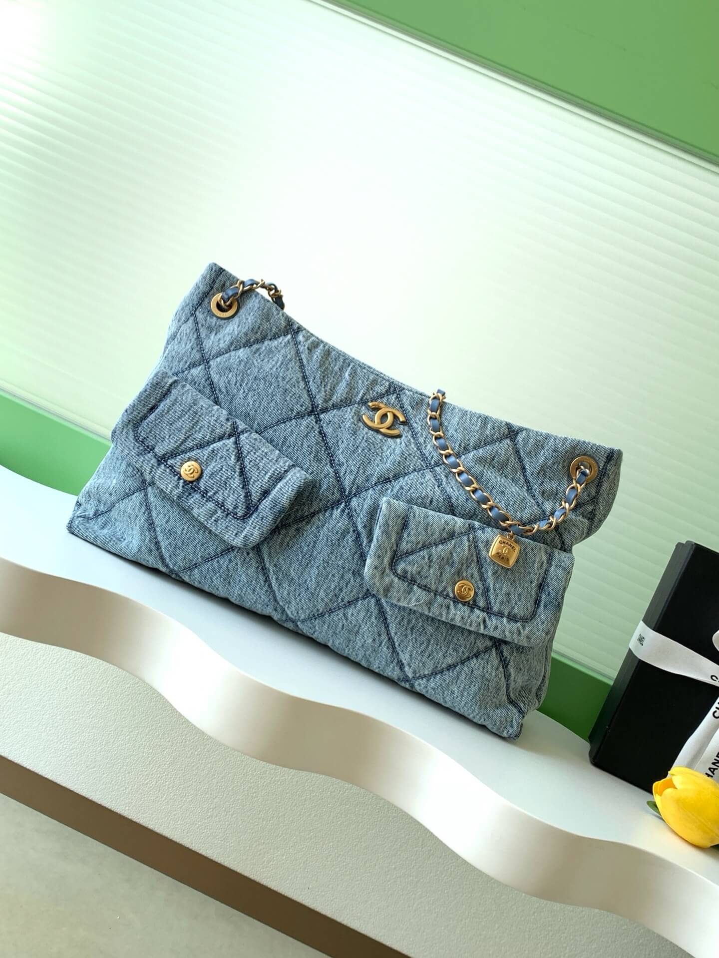 Chanel Shopping Bag Washed Denim & Gold-Tone Metal Shoulder Crossbody Blue - Black