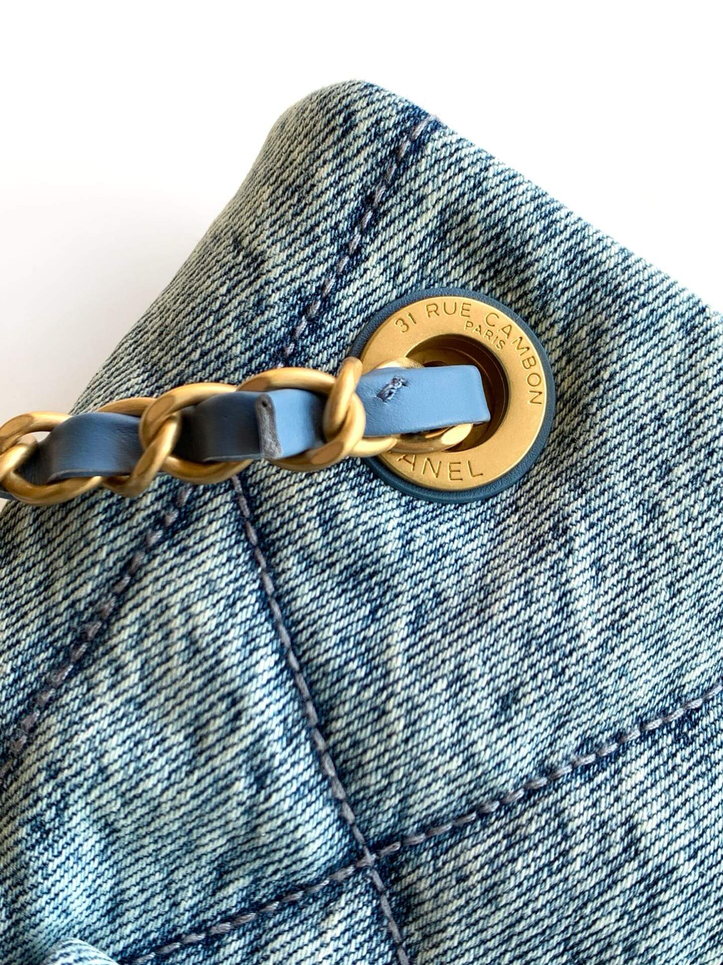 Chanel Shopping Bag Washed Denim & Gold-Tone Metal Shoulder Crossbody Blue - Black - Image 7