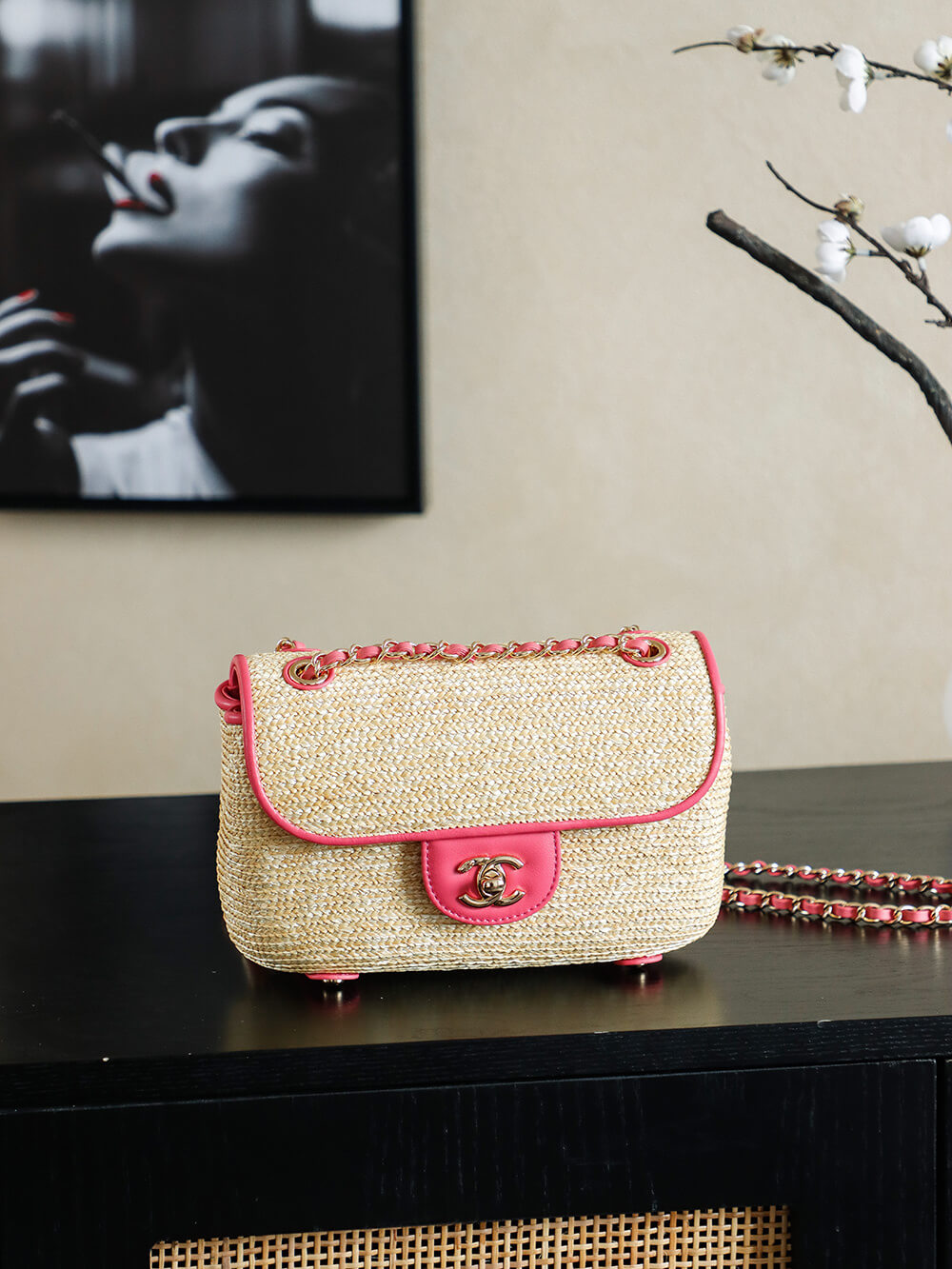 Chanel Small - Medium Flap Braided Straw, Lambskin & Gold-Tone Metal Shoulder Crossbody Bag