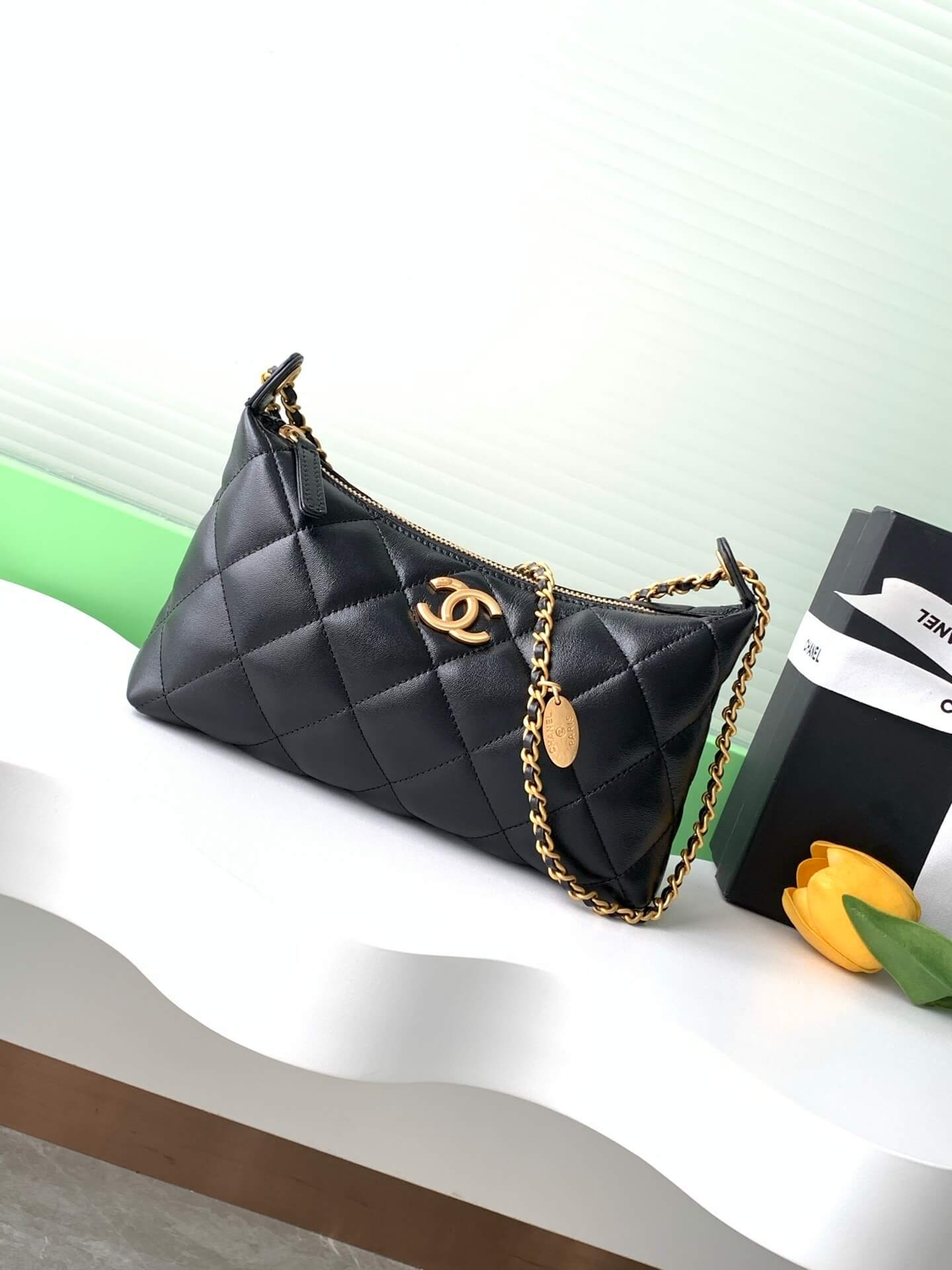 Chanel Small Hobo Quilted Shiny Lambskin Leather Shoulder Bag