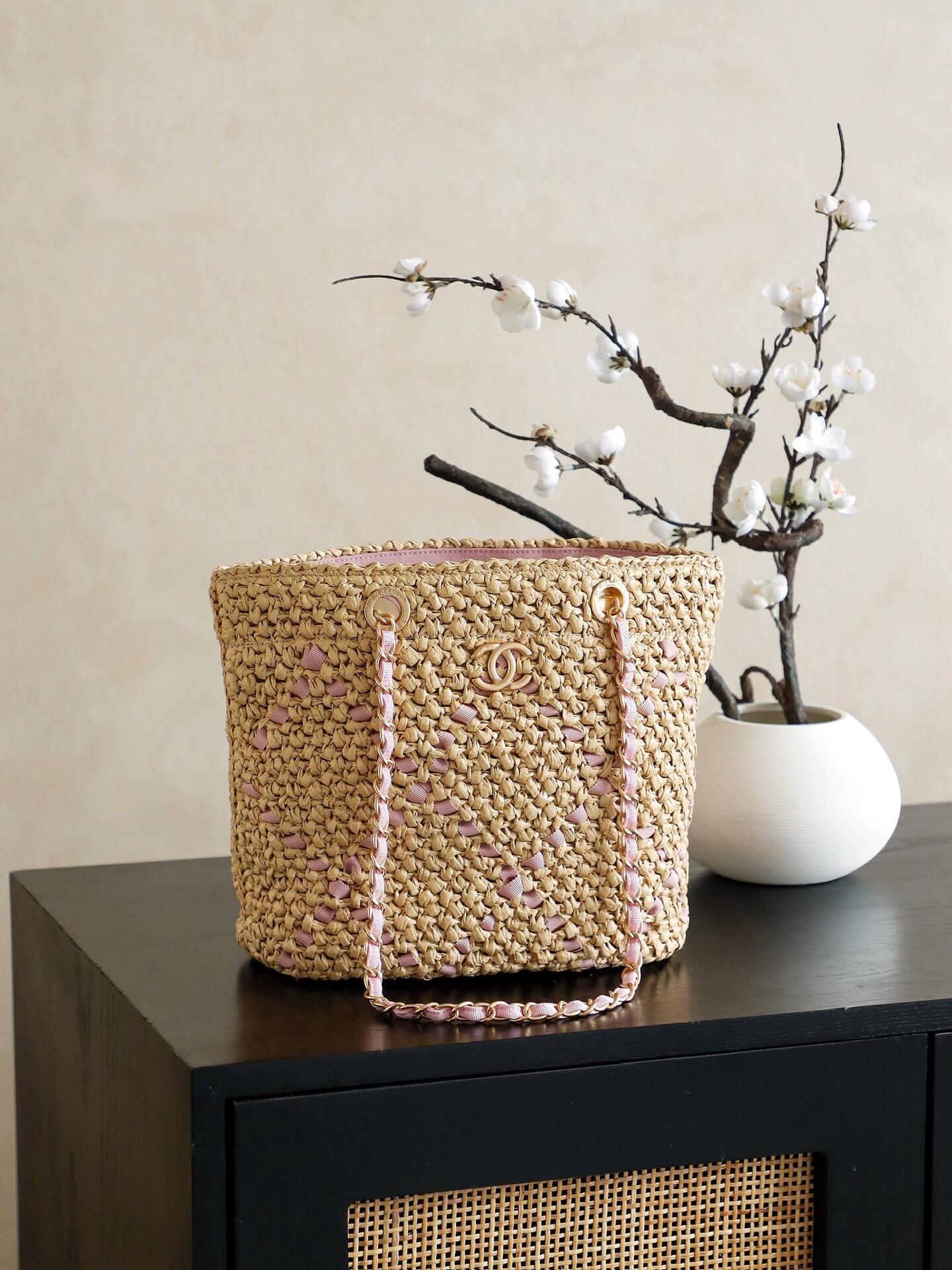 Chanel Small - Large Shopping Shoulder Bag Braided Raffia, Cotton Grosgrain Ribbon & Gold-Tone metal