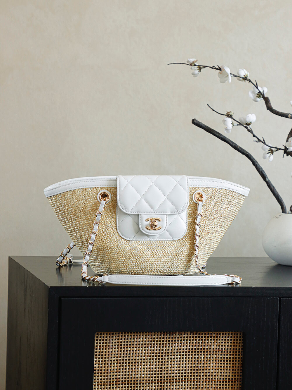 Chanel Small - Large Shopping Shoulder Bag Braided Straw Lambskin & Gold-Tone Metal