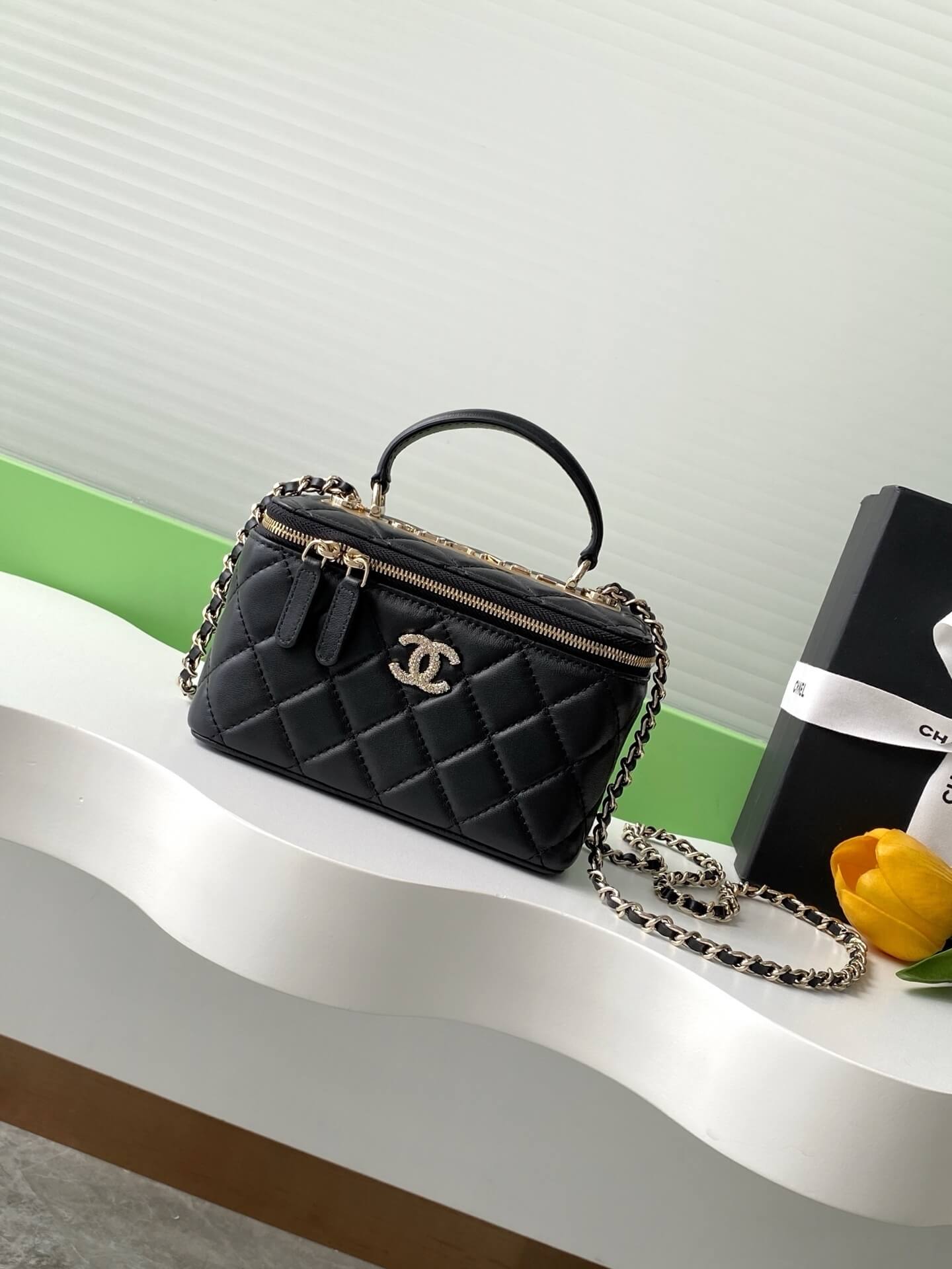 Chanel Small Vanity Case Tope Handle With Chain Quilted Lambskin Leather Crossbody Handbag