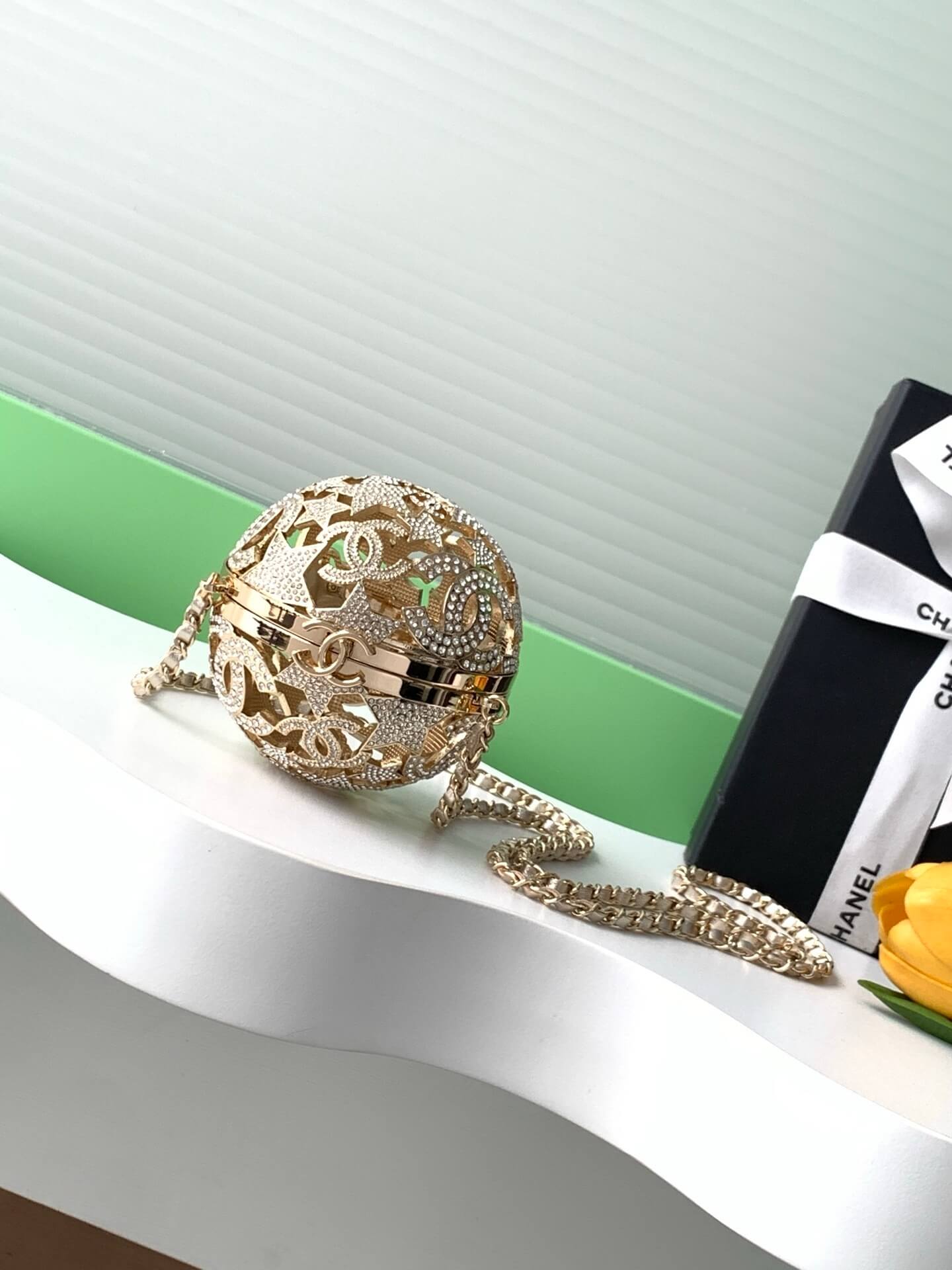 Chanel Sphere Minaudiere evening Gold-tone metal and strass Shoulder Crossbody Bag Golden & Crystal