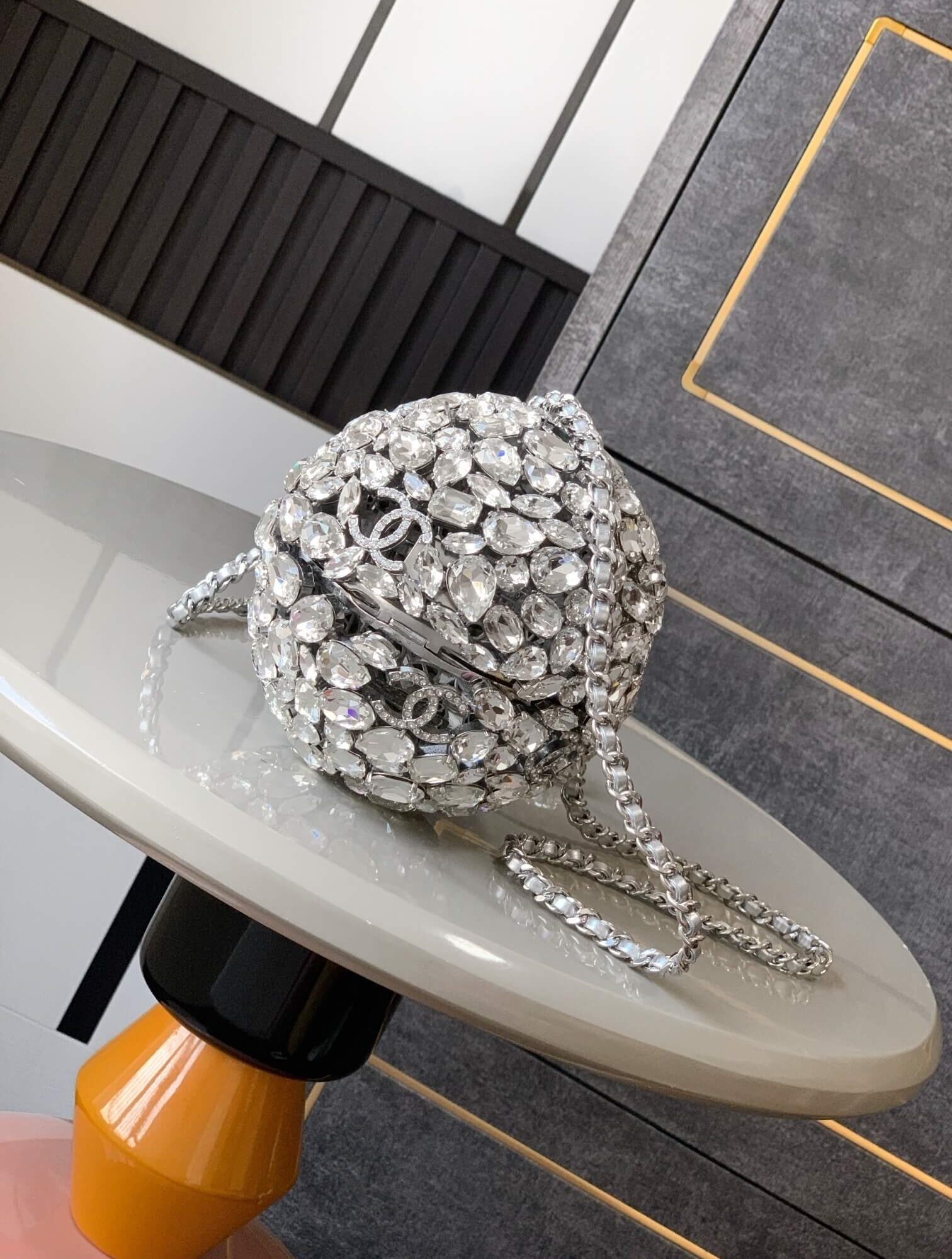 Chanel Sphere Minaudiere evening Shoulder Crossbody Bag Silver - Black