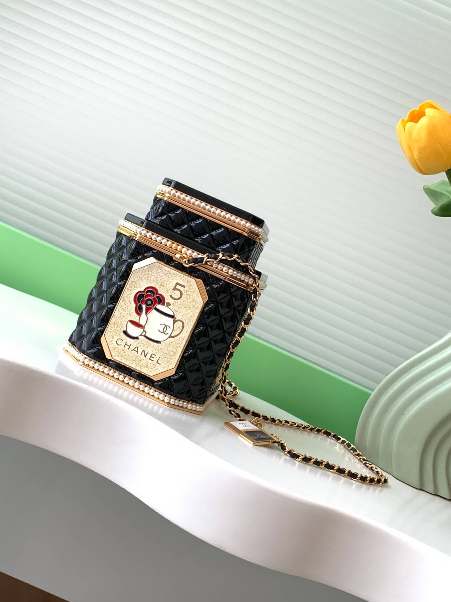 Chanel Tea Box Camellia Minaudiere Shoulder Crossbody Bag Black