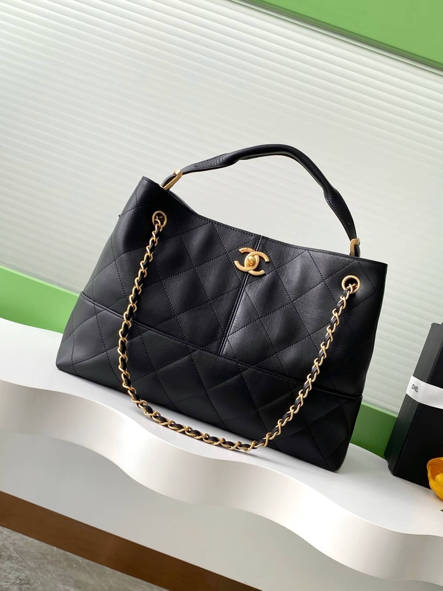 Chanel Two-Tone Shopping Suede Calfskin & Shiny Lambskin Leather Shoulder Handbag