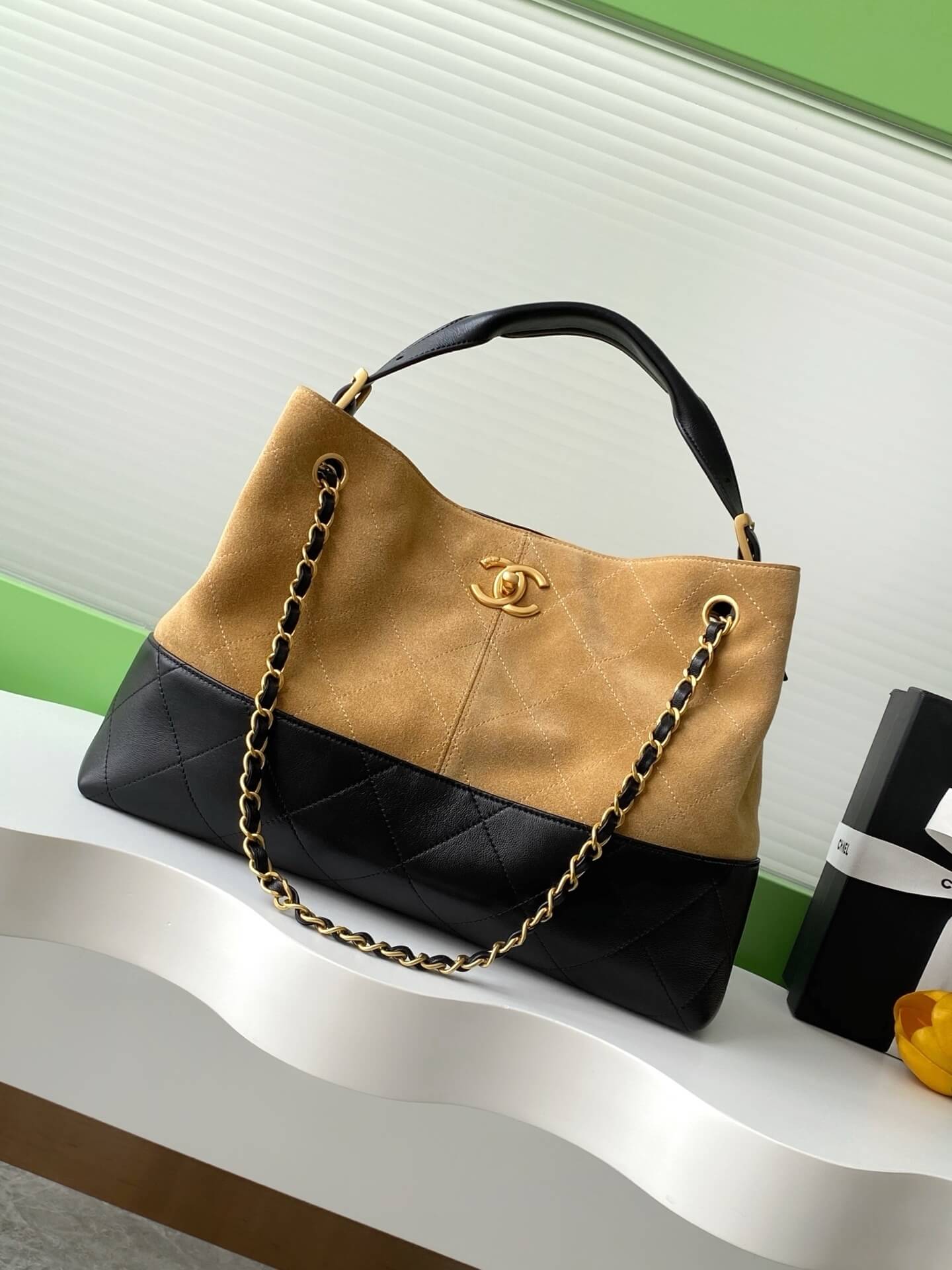 Chanel Two-Tone Shopping Suede Calfskin & Shiny Lambskin Leather Shoulder Handbag - Image 10